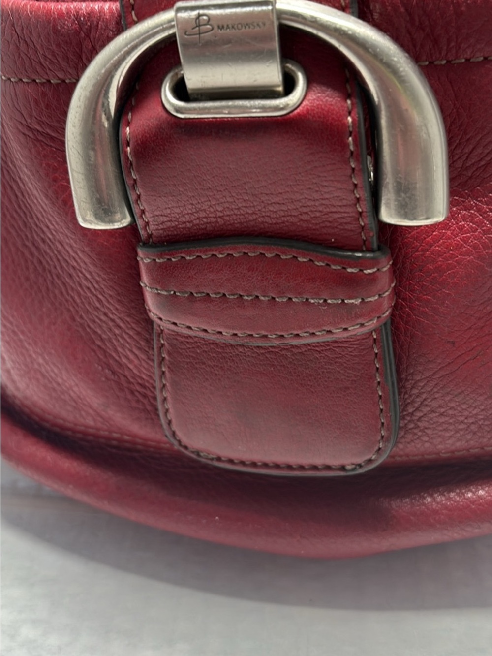 b. makowsky Burgundy Red Leather Shoulder Bag with Silver Hardware